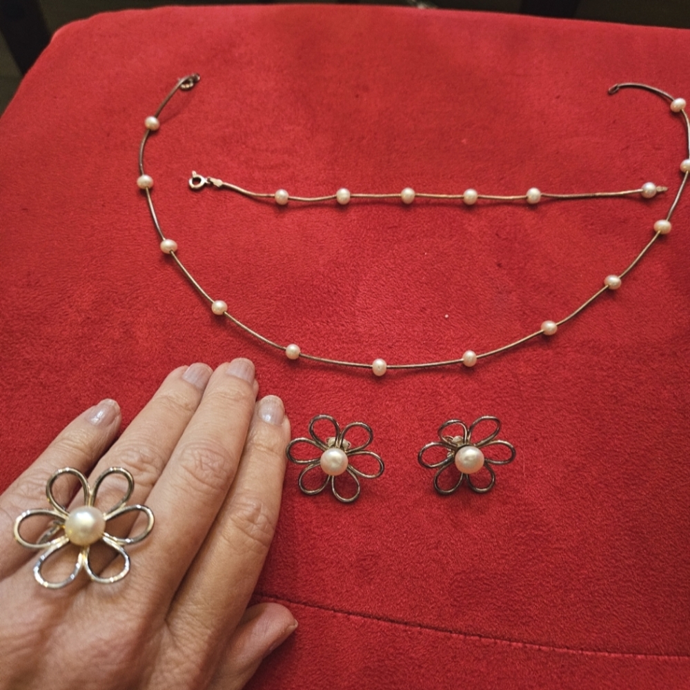Tous Silver & Pearl Necklace, Ring, Earrings & Bracelet.
